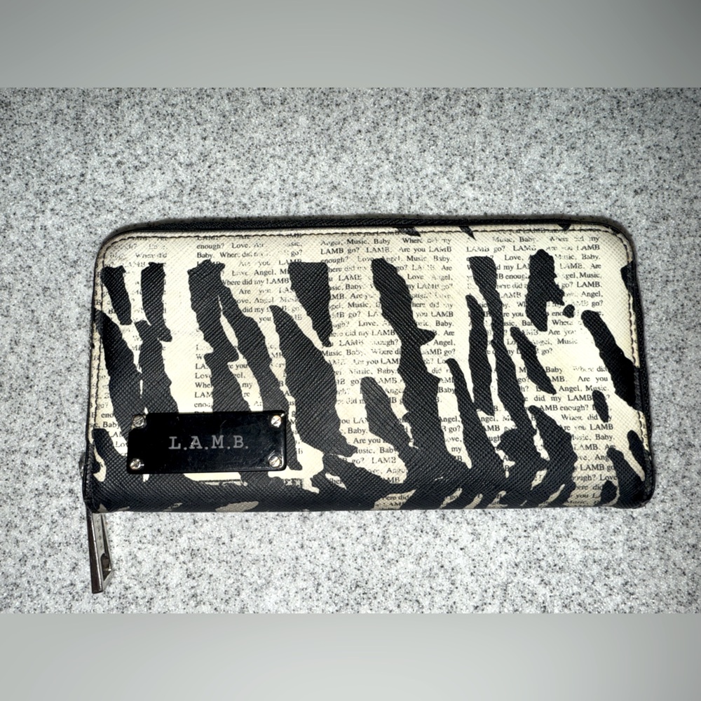 L.A.M.B Wallet Gwen Stefani Vintage Zebra Newspaper Print Leather Black & cream